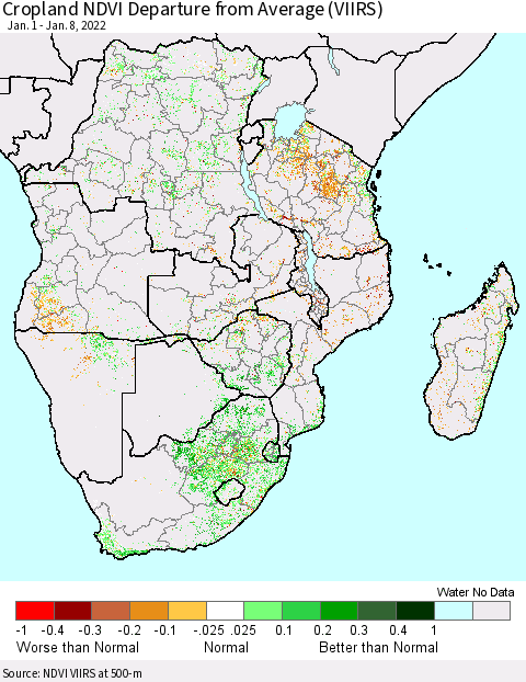 Southern Africa Cropland NDVI Departure from Average (VIIRS) Thematic Map For 1/1/2022 - 1/8/2022