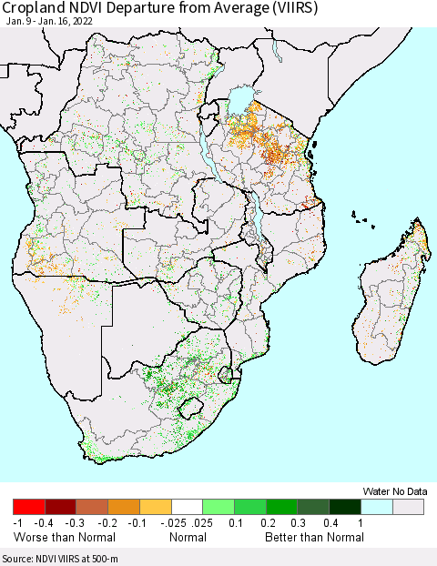 Southern Africa Cropland NDVI Departure from Average (VIIRS) Thematic Map For 1/9/2022 - 1/16/2022