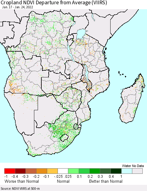 Southern Africa Cropland NDVI Departure from Average (VIIRS) Thematic Map For 1/17/2022 - 1/24/2022