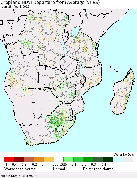 Southern Africa Cropland NDVI Departure from Average (VIIRS) Thematic Map For 1/25/2022 - 2/1/2022