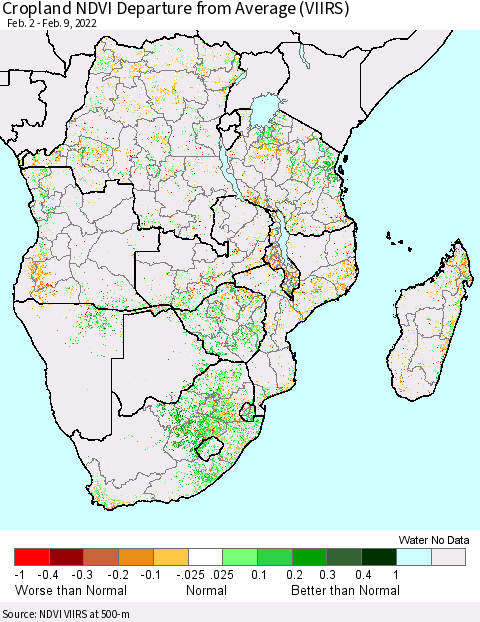 Southern Africa Cropland NDVI Departure from Average (VIIRS) Thematic Map For 2/2/2022 - 2/9/2022