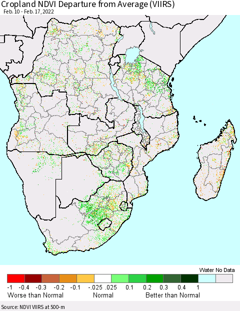 Southern Africa Cropland NDVI Departure from Average (VIIRS) Thematic Map For 2/10/2022 - 2/17/2022