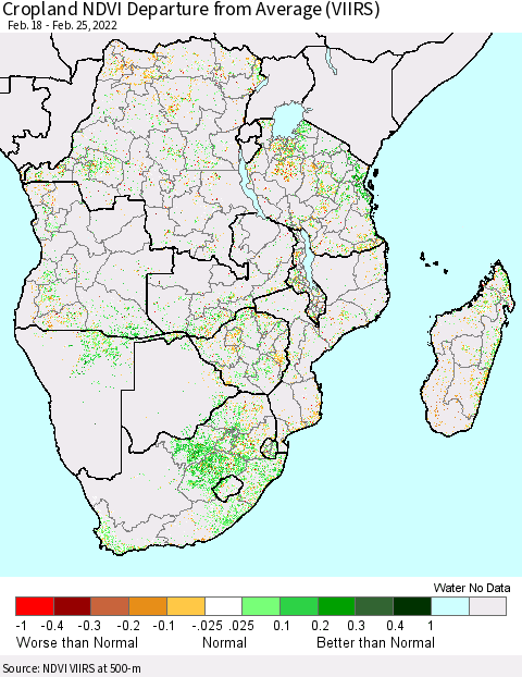 Southern Africa Cropland NDVI Departure from Average (VIIRS) Thematic Map For 2/18/2022 - 2/25/2022