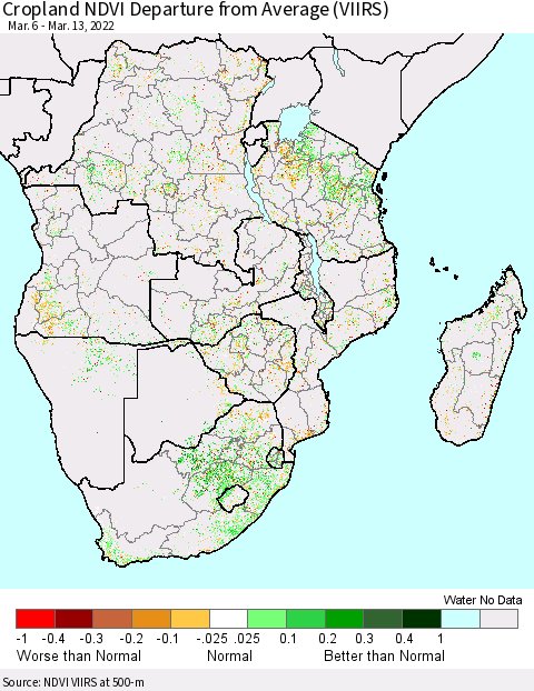 Southern Africa Cropland NDVI Departure from Average (VIIRS) Thematic Map For 3/6/2022 - 3/13/2022