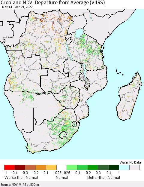 Southern Africa Cropland NDVI Departure from Average (VIIRS) Thematic Map For 3/14/2022 - 3/21/2022