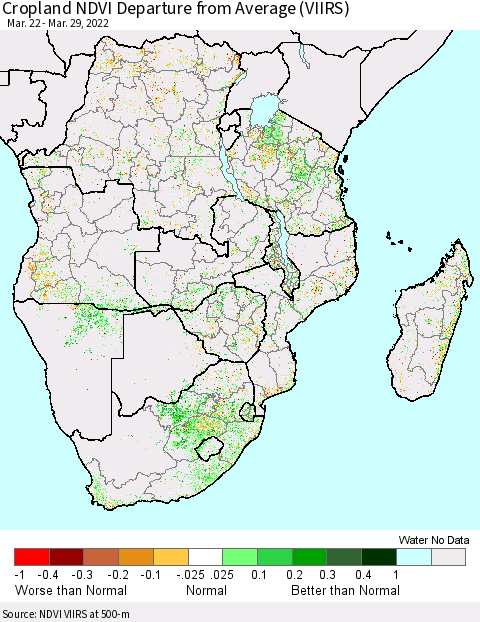 Southern Africa Cropland NDVI Departure from Average (VIIRS) Thematic Map For 3/22/2022 - 3/29/2022