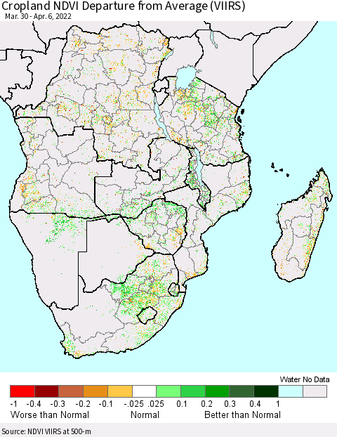 Southern Africa Cropland NDVI Departure from Average (VIIRS) Thematic Map For 3/30/2022 - 4/6/2022