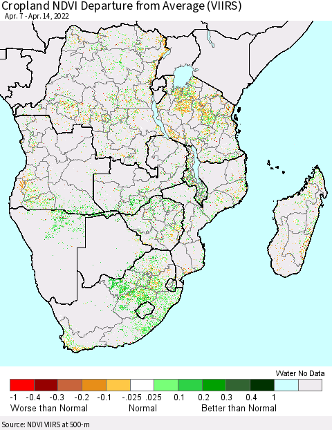 Southern Africa Cropland NDVI Departure from Average (VIIRS) Thematic Map For 4/7/2022 - 4/14/2022