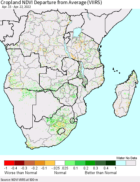 Southern Africa Cropland NDVI Departure from Average (VIIRS) Thematic Map For 4/15/2022 - 4/22/2022