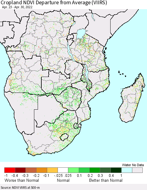 Southern Africa Cropland NDVI Departure from Average (VIIRS) Thematic Map For 4/23/2022 - 4/30/2022