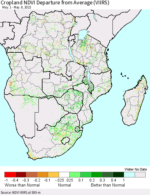Southern Africa Cropland NDVI Departure from Average (VIIRS) Thematic Map For 5/1/2022 - 5/8/2022