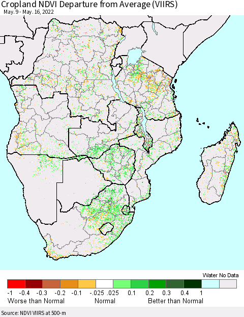 Southern Africa Cropland NDVI Departure from Average (VIIRS) Thematic Map For 5/9/2022 - 5/16/2022