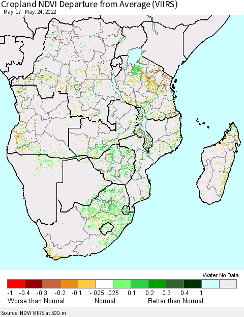 Southern Africa Cropland NDVI Departure from Average (VIIRS) Thematic Map For 5/17/2022 - 5/24/2022