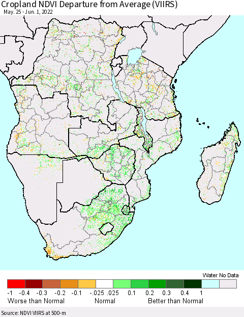 Southern Africa Cropland NDVI Departure from Average (VIIRS) Thematic Map For 5/25/2022 - 6/1/2022