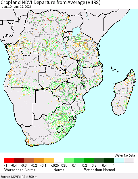Southern Africa Cropland NDVI Departure from Average (VIIRS) Thematic Map For 6/10/2022 - 6/17/2022