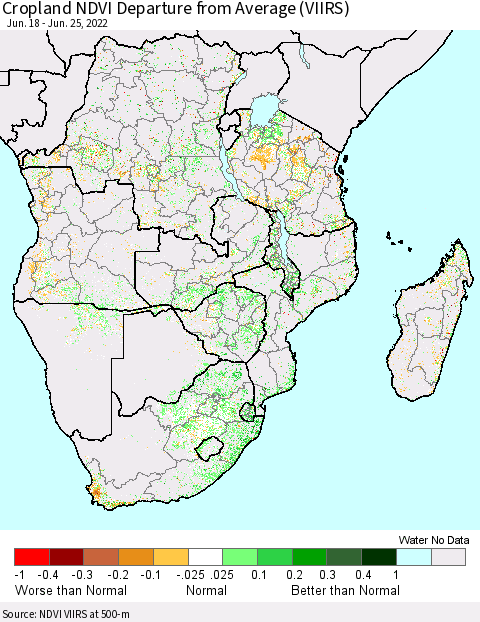 Southern Africa Cropland NDVI Departure from Average (VIIRS) Thematic Map For 6/18/2022 - 6/25/2022