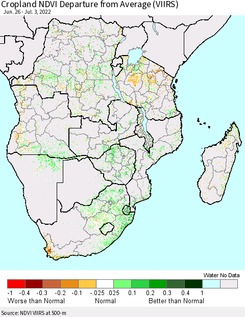 Southern Africa Cropland NDVI Departure from Average (VIIRS) Thematic Map For 6/26/2022 - 7/3/2022