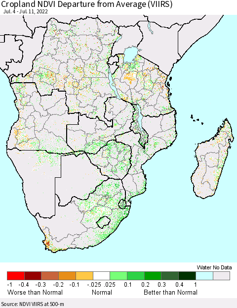 Southern Africa Cropland NDVI Departure from Average (VIIRS) Thematic Map For 7/4/2022 - 7/11/2022