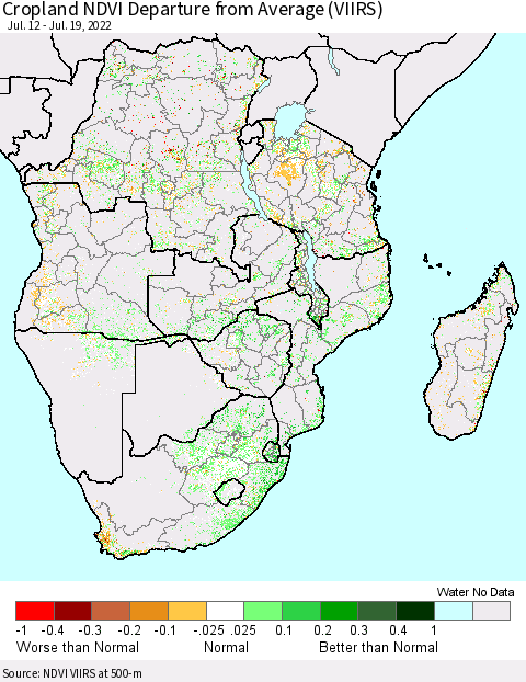 Southern Africa Cropland NDVI Departure from Average (VIIRS) Thematic Map For 7/12/2022 - 7/19/2022