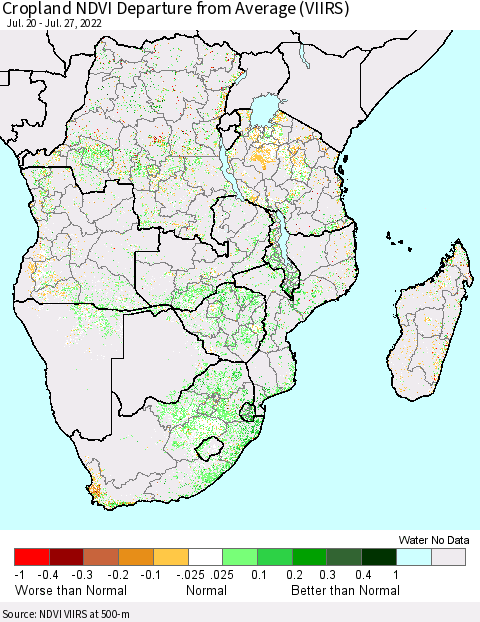 Southern Africa Cropland NDVI Departure from Average (VIIRS) Thematic Map For 7/20/2022 - 7/27/2022