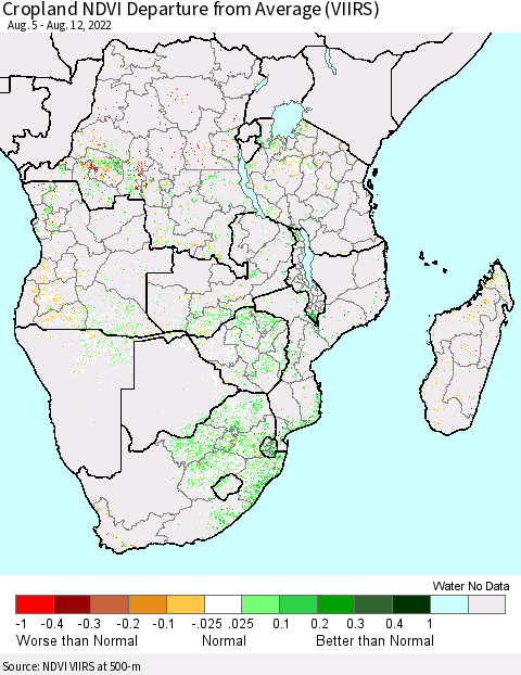 Southern Africa Cropland NDVI Departure from Average (VIIRS) Thematic Map For 8/5/2022 - 8/12/2022