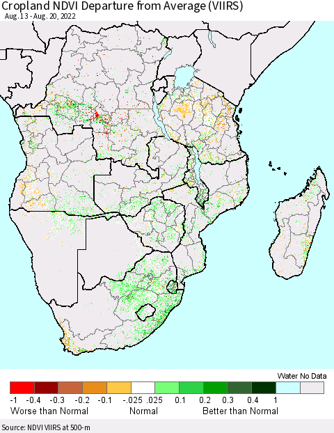 Southern Africa Cropland NDVI Departure from Average (VIIRS) Thematic Map For 8/13/2022 - 8/20/2022