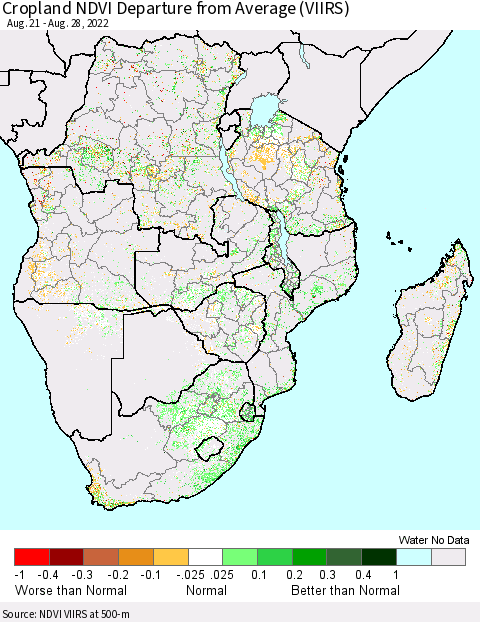 Southern Africa Cropland NDVI Departure from Average (VIIRS) Thematic Map For 8/21/2022 - 8/28/2022