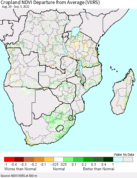 Southern Africa Cropland NDVI Departure from Average (VIIRS) Thematic Map For 8/29/2022 - 9/5/2022