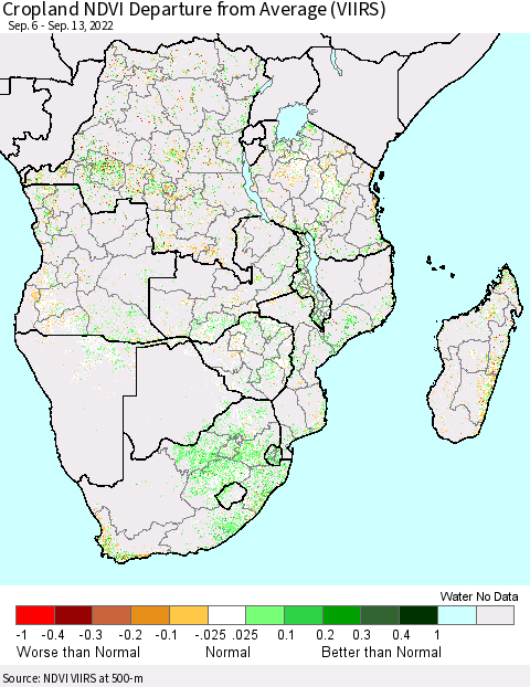 Southern Africa Cropland NDVI Departure from Average (VIIRS) Thematic Map For 9/6/2022 - 9/13/2022