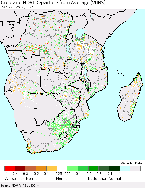 Southern Africa Cropland NDVI Departure from Average (VIIRS) Thematic Map For 9/22/2022 - 9/29/2022