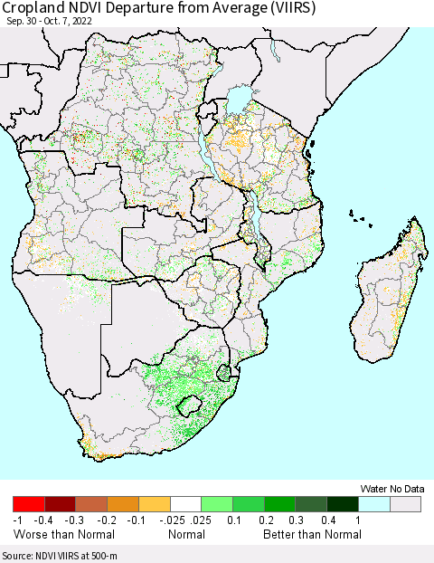 Southern Africa Cropland NDVI Departure from Average (VIIRS) Thematic Map For 9/30/2022 - 10/7/2022