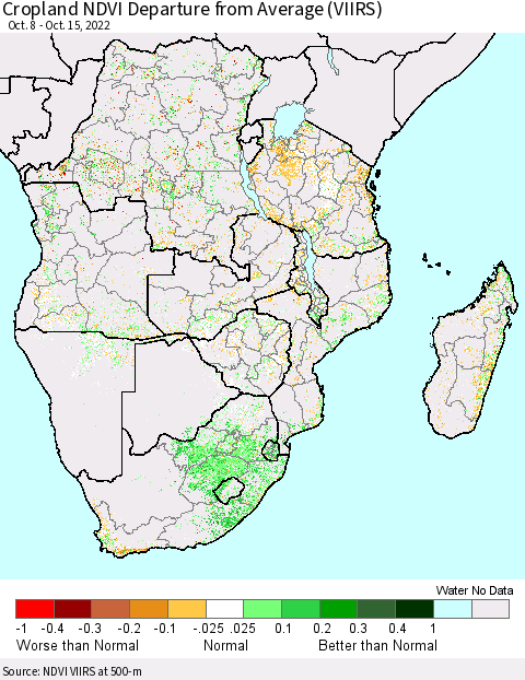 Southern Africa Cropland NDVI Departure from Average (VIIRS) Thematic Map For 10/8/2022 - 10/15/2022