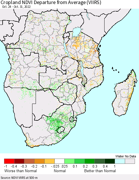 Southern Africa Cropland NDVI Departure from Average (VIIRS) Thematic Map For 10/24/2022 - 10/31/2022