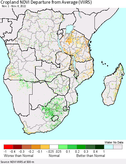 Southern Africa Cropland NDVI Departure from Average (VIIRS) Thematic Map For 11/1/2022 - 11/8/2022