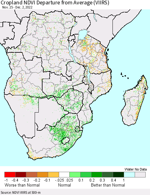 Southern Africa Cropland NDVI Departure from Average (VIIRS) Thematic Map For 11/25/2022 - 12/2/2022