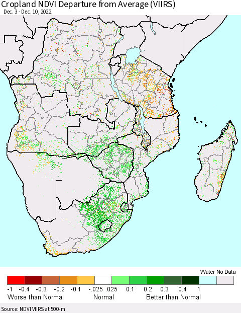 Southern Africa Cropland NDVI Departure from Average (VIIRS) Thematic Map For 12/3/2022 - 12/10/2022