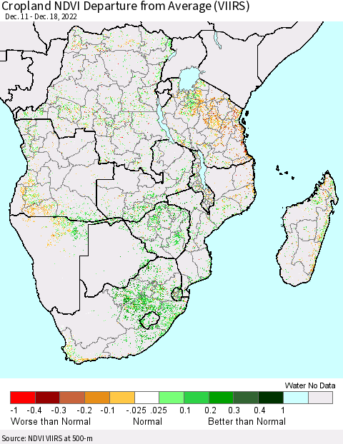 Southern Africa Cropland NDVI Departure from Average (VIIRS) Thematic Map For 12/11/2022 - 12/18/2022
