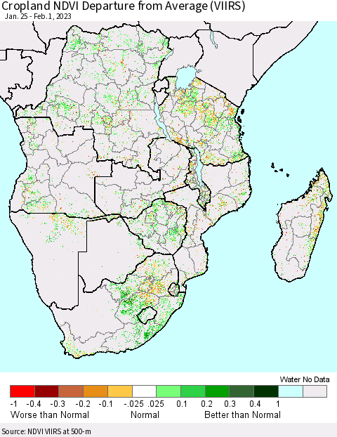 Southern Africa Cropland NDVI Departure from Average (VIIRS) Thematic Map For 1/25/2023 - 2/1/2023