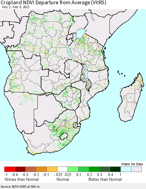 Southern Africa Cropland NDVI Departure from Average (VIIRS) Thematic Map For 2/2/2023 - 2/9/2023