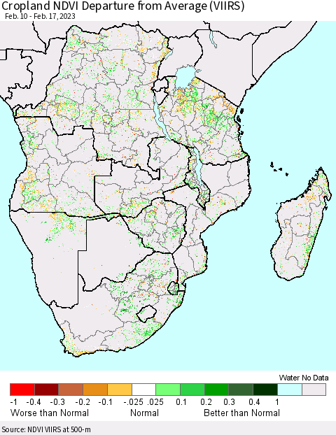 Southern Africa Cropland NDVI Departure from Average (VIIRS) Thematic Map For 2/10/2023 - 2/17/2023