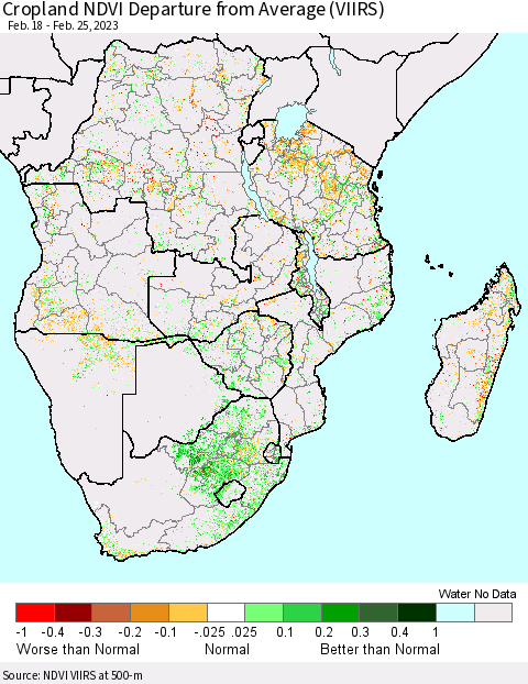 Southern Africa Cropland NDVI Departure from Average (VIIRS) Thematic Map For 2/18/2023 - 2/25/2023