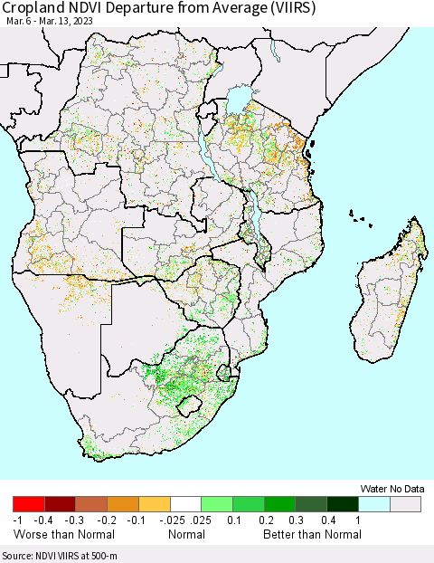 Southern Africa Cropland NDVI Departure from Average (VIIRS) Thematic Map For 3/6/2023 - 3/13/2023