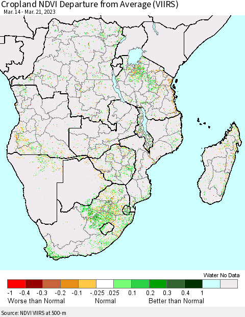 Southern Africa Cropland NDVI Departure from Average (VIIRS) Thematic Map For 3/14/2023 - 3/21/2023