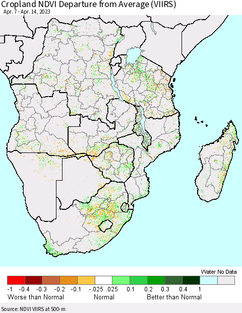 Southern Africa Cropland NDVI Departure from Average (VIIRS) Thematic Map For 4/7/2023 - 4/14/2023