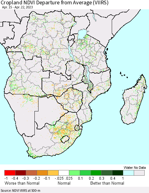 Southern Africa Cropland NDVI Departure from Average (VIIRS) Thematic Map For 4/15/2023 - 4/22/2023