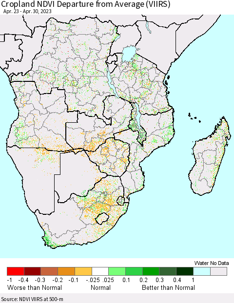 Southern Africa Cropland NDVI Departure from Average (VIIRS) Thematic Map For 4/23/2023 - 4/30/2023