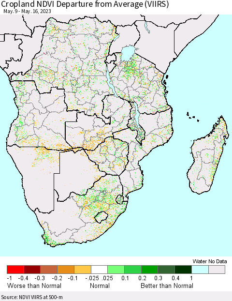 Southern Africa Cropland NDVI Departure from Average (VIIRS) Thematic Map For 5/9/2023 - 5/16/2023