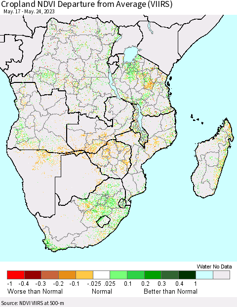 Southern Africa Cropland NDVI Departure from Average (VIIRS) Thematic Map For 5/17/2023 - 5/24/2023