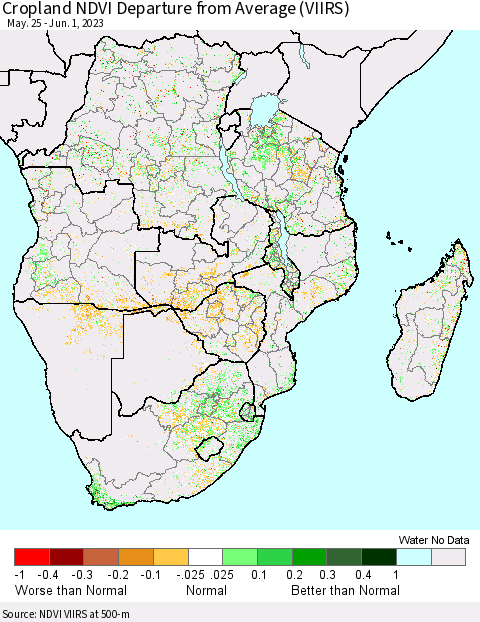 Southern Africa Cropland NDVI Departure from Average (VIIRS) Thematic Map For 5/25/2023 - 6/1/2023