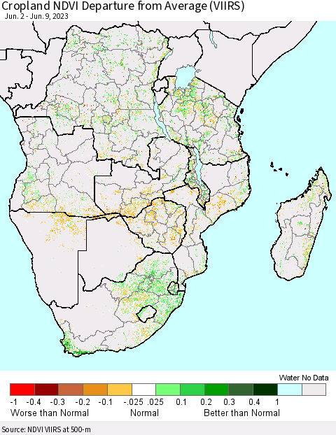 Southern Africa Cropland NDVI Departure from Average (VIIRS) Thematic Map For 6/2/2023 - 6/9/2023